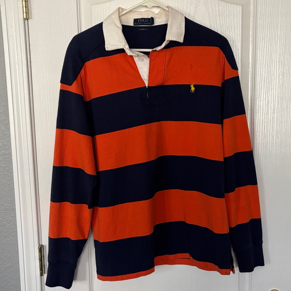 Vintage Polo by Ralph Lauren Men's Striped Crewneck Sweater - Orange and Navy